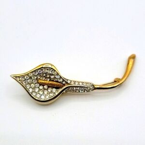 Vintage Gold Tone Calla Lily Brooch w/Rhinestones 3.75” Long